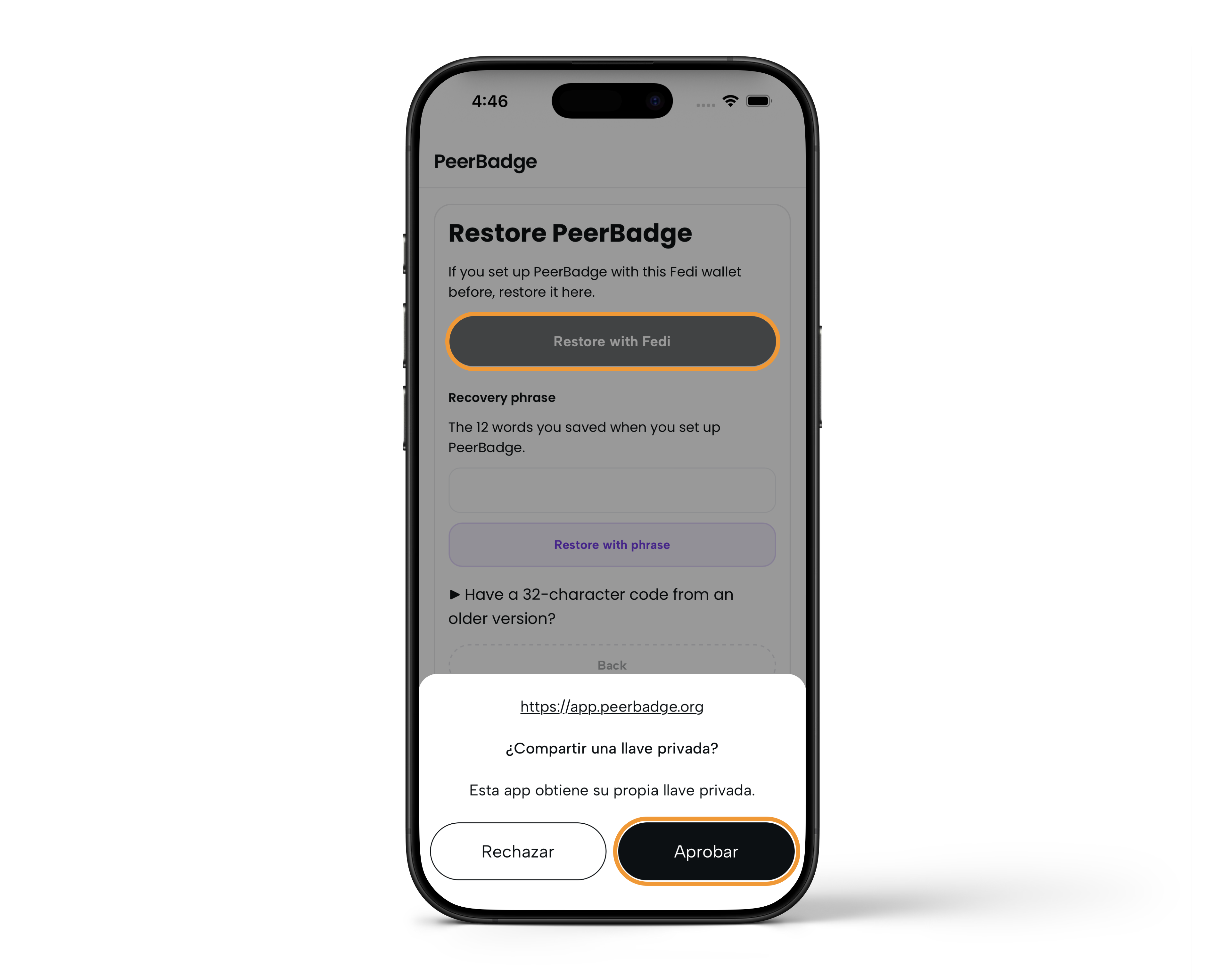 ES - PeerBadge ID Recovery - Step 1 - Continue with Fedi.png